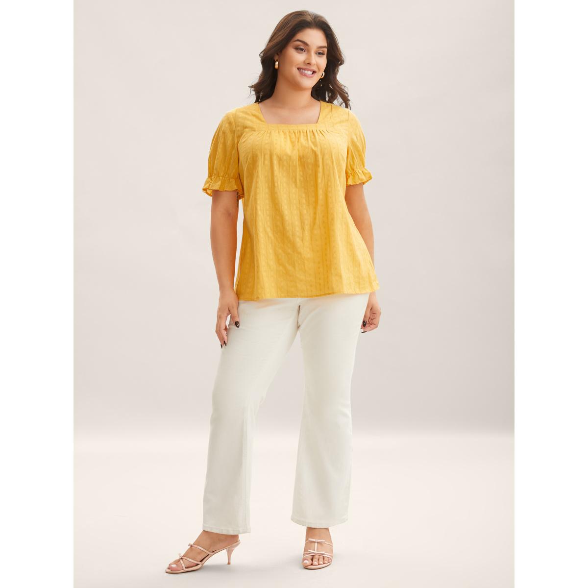 Plus Size Lemonyellow Cotton Square Neck Ruffled Sleeve Shirt Women Timeless Short sleeve Square Neck Elegant Blouses BloomChic 18-20/2X Product Image