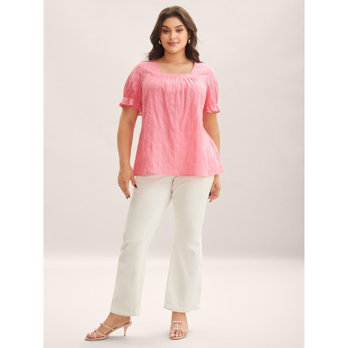 Plus Size Blush Cotton Square Neck Ruffled Sleeve Shirt Women Timeless Short sleeve Square Neck Elegant Blouses BloomChic 30/6X Product Image
