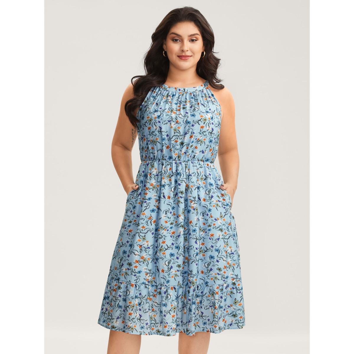 Plus Size Floral Print Halter Neck Tiered Midi Dress Stone Women Halter neck Sleeveless Curvy BloomChic 22-24/3X Product Image
