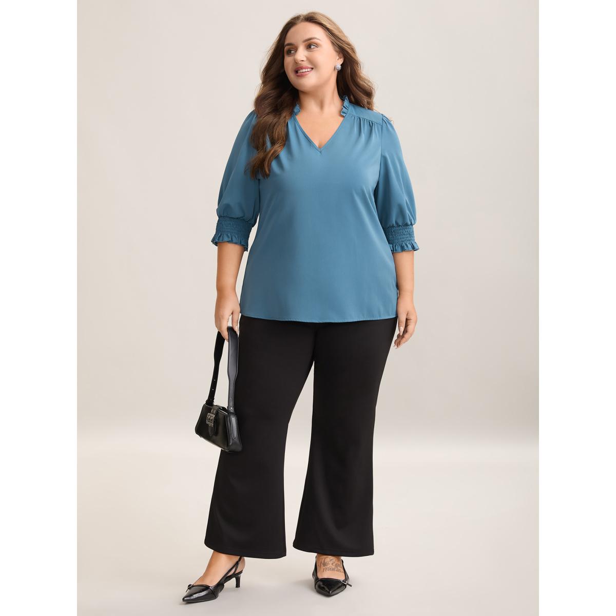 Plus Size Cerulean Shirred Sleeve Collared Plain Blouse Women At the Office Elbow-length sleeve V-neck Work Blouses BloomChic 22-24/3X Product Image