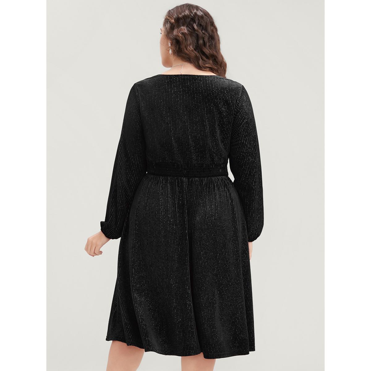 Plus Size Glitter Lantern Sleeve Surplice Neck Shirred Dress Black Women Party Plain V-neck Long Sleeve Curvy Knee Dress BloomChic 28/5X Product Image