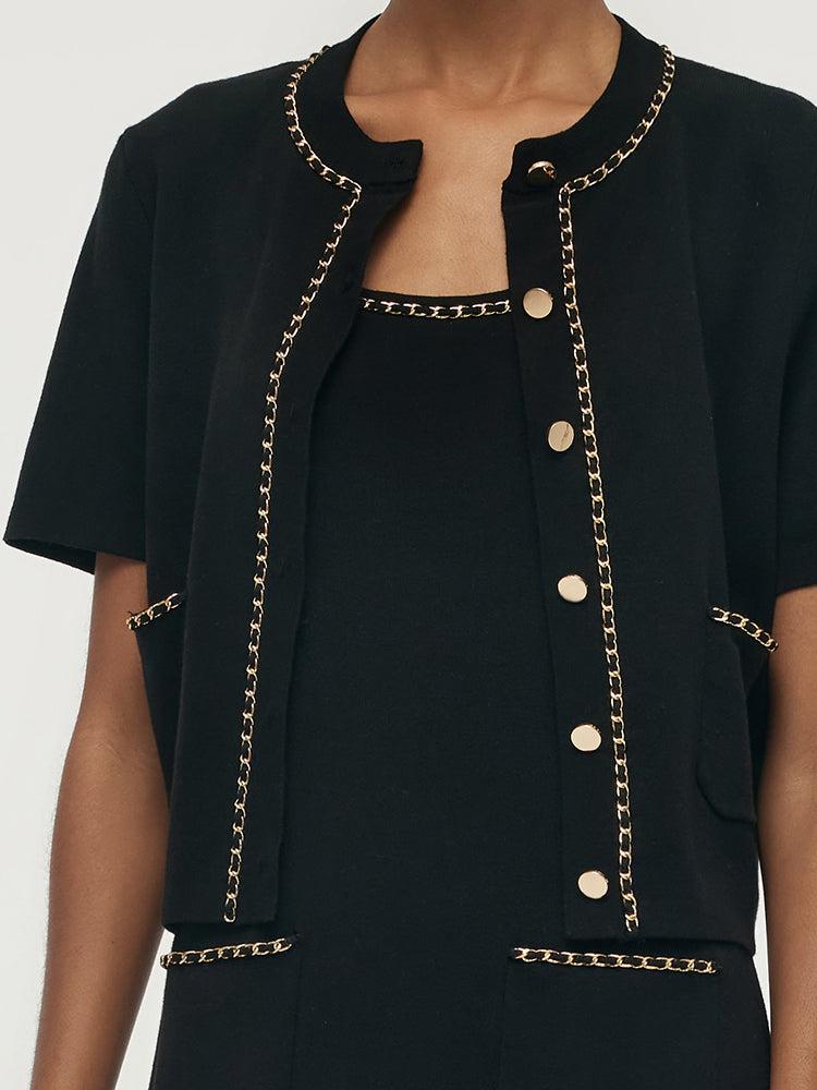 Chain Trim Knitted Jacket And Vest Dress Two-Piece Set Product Image