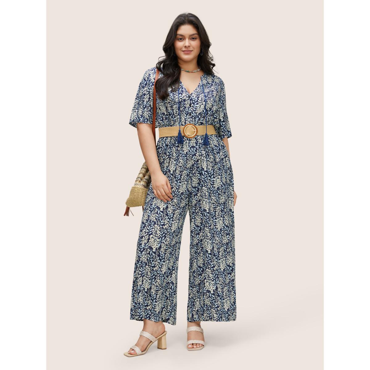 Plus Size Indigo Plants Print Elastic Waist Ties Tassel Trim Jumpsuit Women Resort Short sleeve V-neck Vacation Loose Jumpsuits BloomChic 26/4X Product Image
