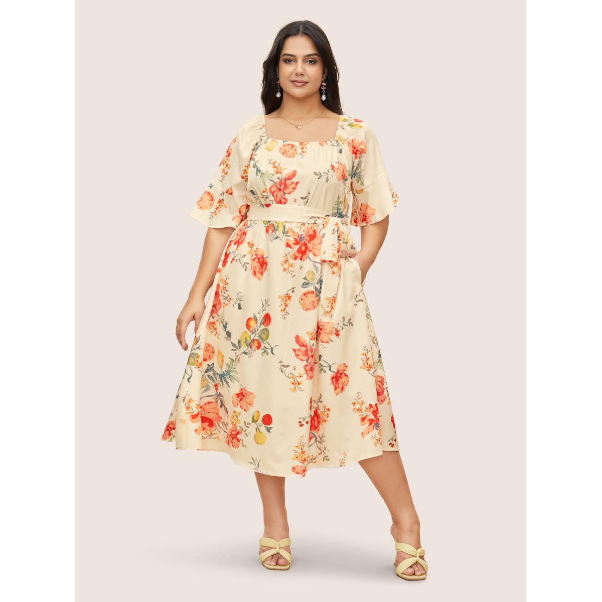 Plus Size Citrus Orange Print Square Neck Ruffles Gathered Dress Apricot Women Elegant Gathered Square Neck Half Sleeve Curvy Midi Dress BloomChic 12/L Product Image