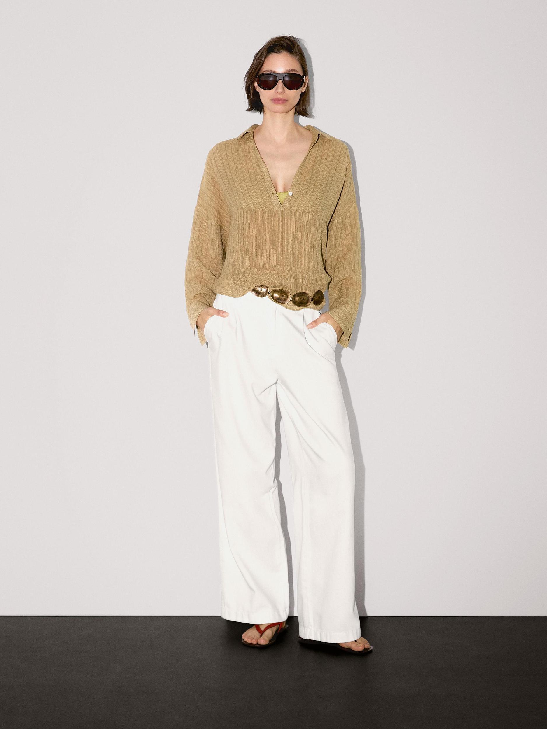 Linen blend open polo collar blouse Product Image