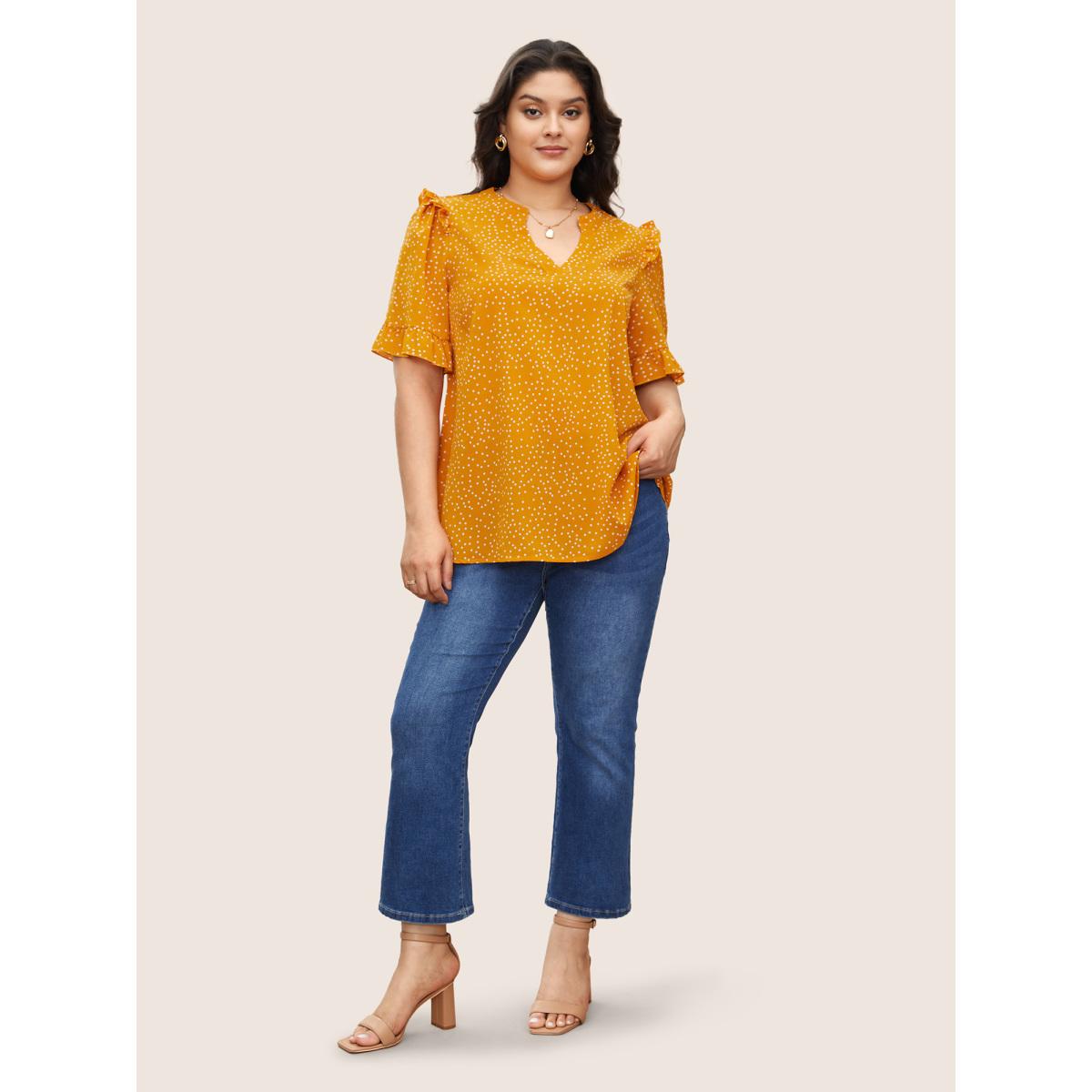 Polka Dot Ruffles Plus Size Women Blouses Elegance Casual Ruffles Ruffle Sleeve Short Sleeve V Neck Dailywear Blouses BloomChic Product Image
