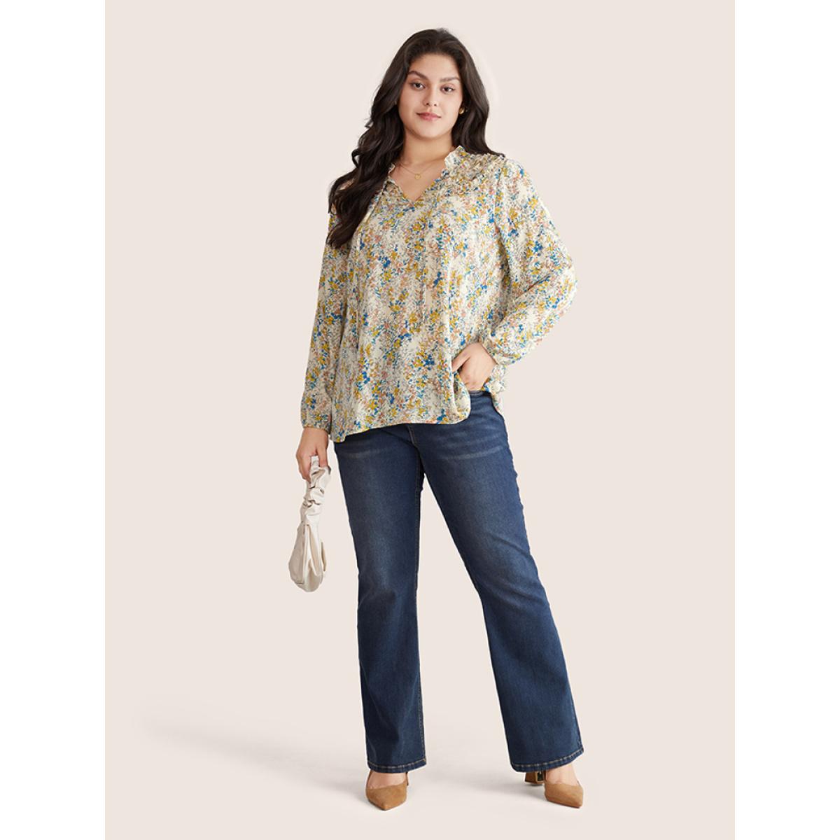 Plus Size Ivory Ditsy Floral Print Notched Lantern Sleeve Blouse Women Elegant Long Sleeve Notched collar Everyday Blouses BloomChic 12/L Product Image