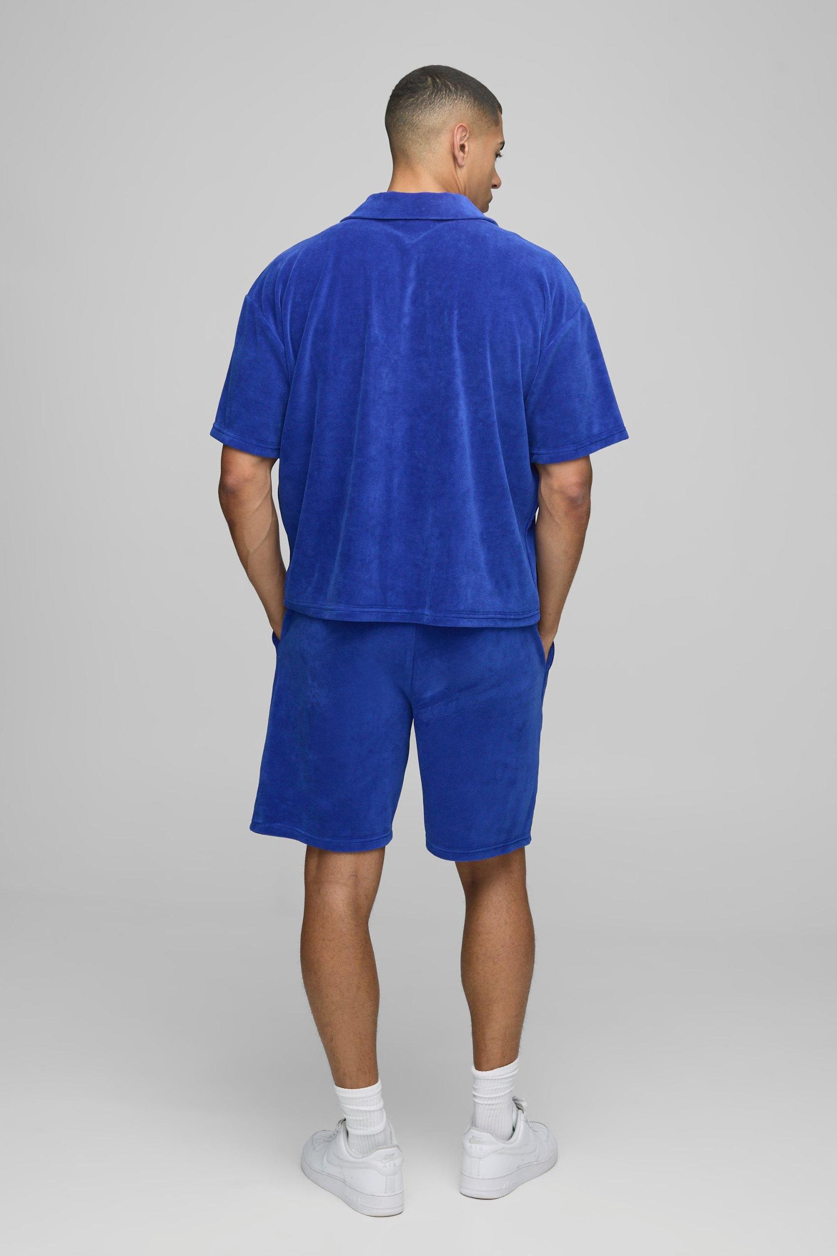 Oversized Boxy Velour Short Sleeve Revere Polo Shorts Set | boohooMAN USA Product Image