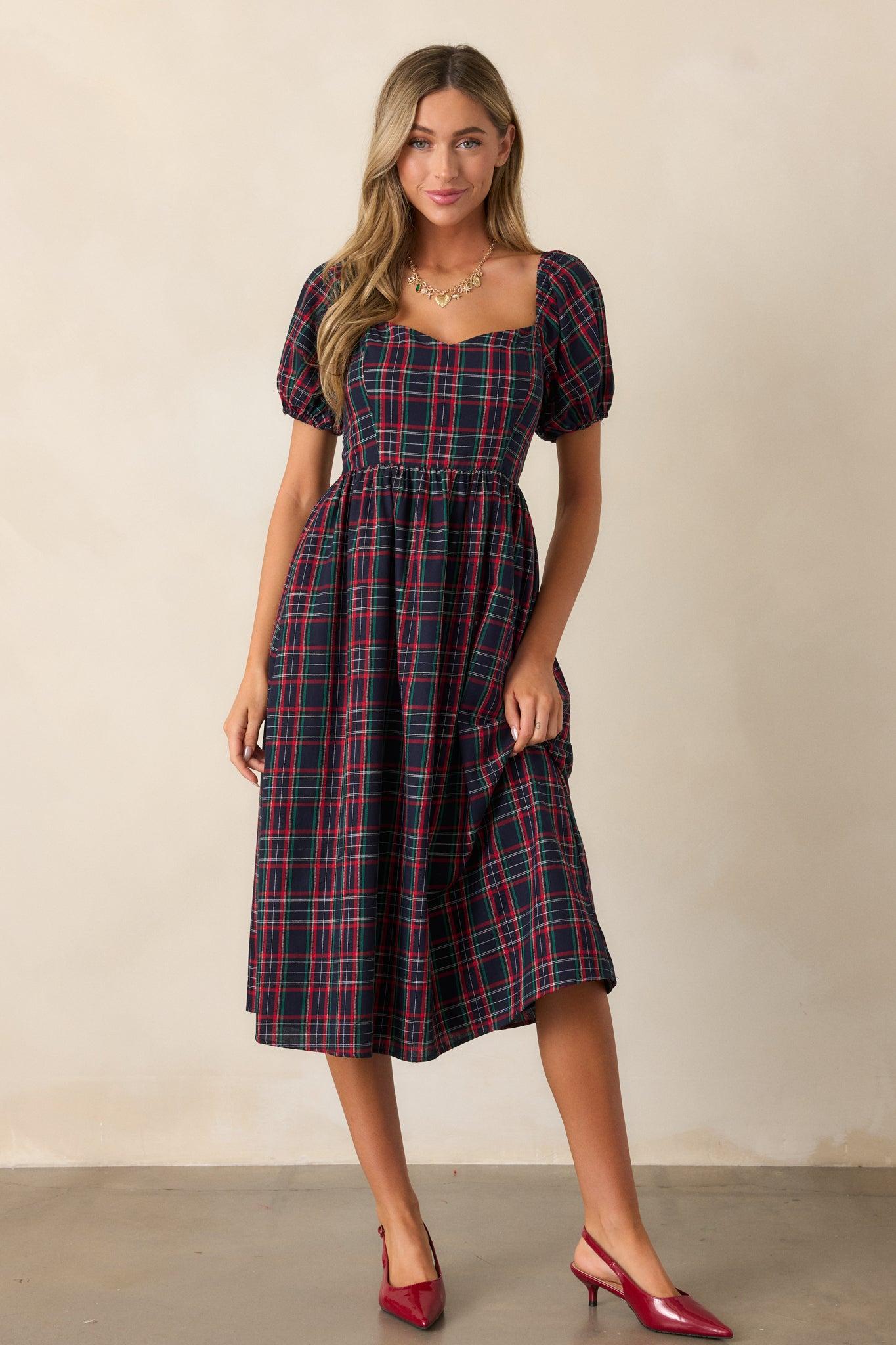 Always You Cotton Navy Plaid Puff Sleeve Midi Dress Product Image