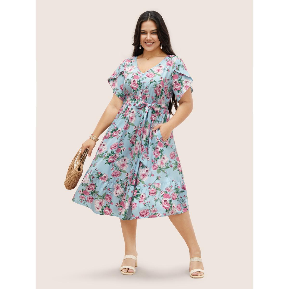 Plus Size Floral Button Detail Gathered Petal Sleeve Dress LightBlue Women Elegant Gathered V-neck Short sleeve Curvy BloomChic 26/4X Product Image