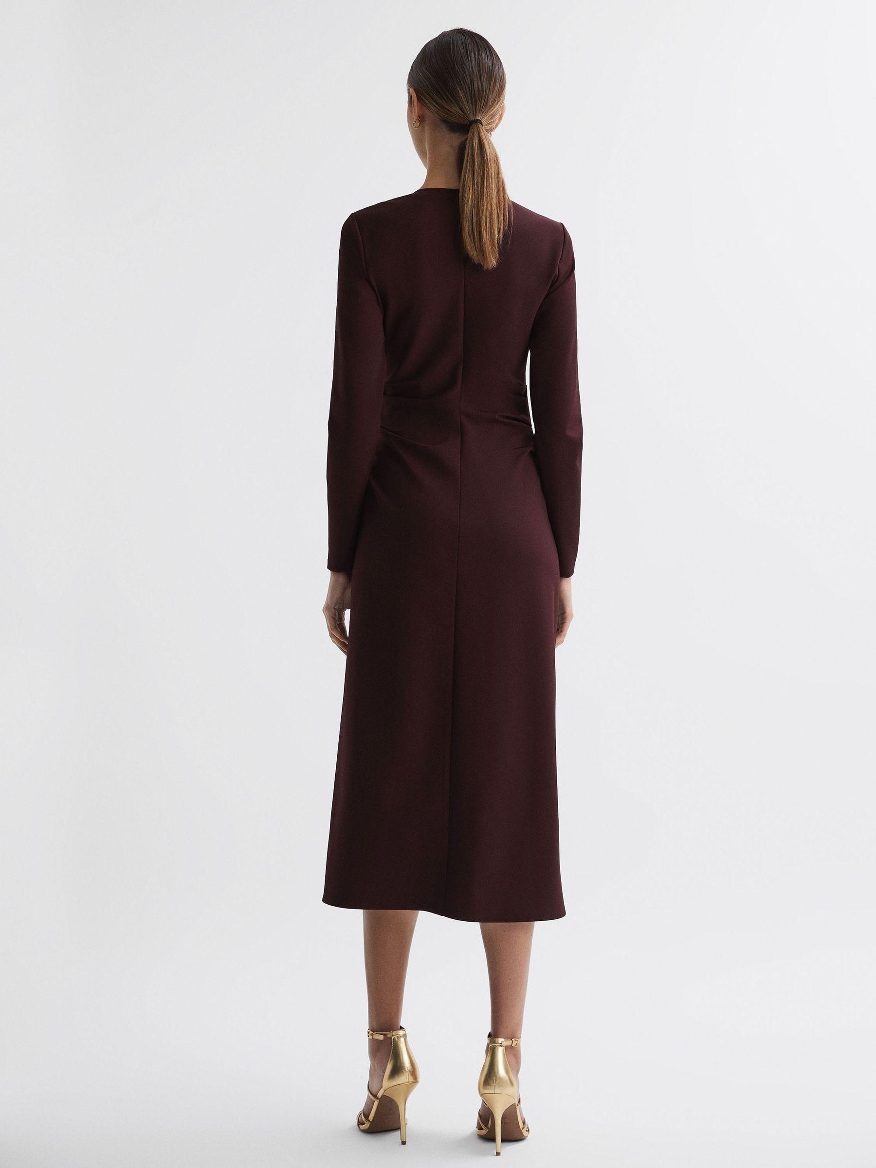 Ruched Bodycon Midi Dress in Burgundy Product Image