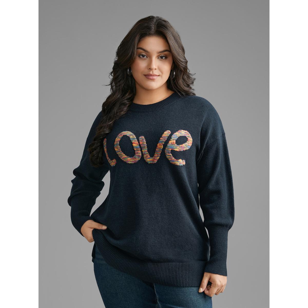 Plus Size Supersoft Essentials Love Pattern Heather Pullover Indigo Women Playful Loose Long Sleeve Round Neck Casual Pullovers BloomChic 18-20/2X Product Image