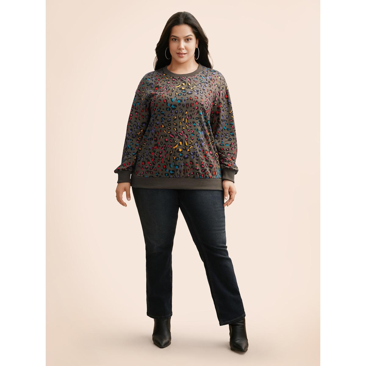 Plus Size Round Neck Color Leopard Print Sweatshirt Women DarkBrown Casual Contrast Round Neck Everyday Sweatshirts BloomChic 10/M Product Image