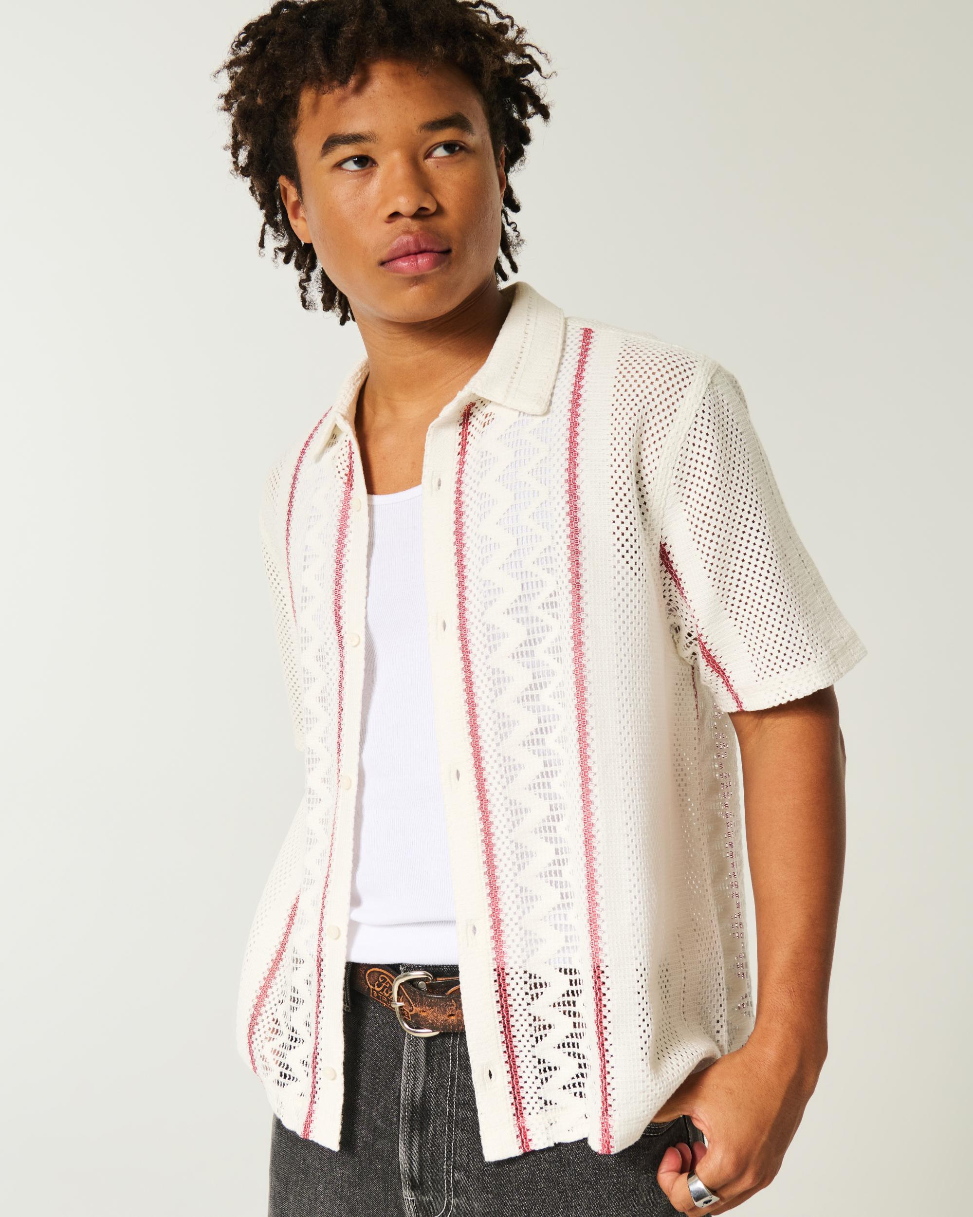 Boxy Short-Sleeve Crochet-Style Shirt Product Image