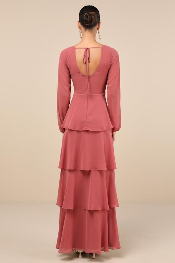 Flawless Excellence Rusty Rose Tiered Long Sleeve Maxi Dress Product Image