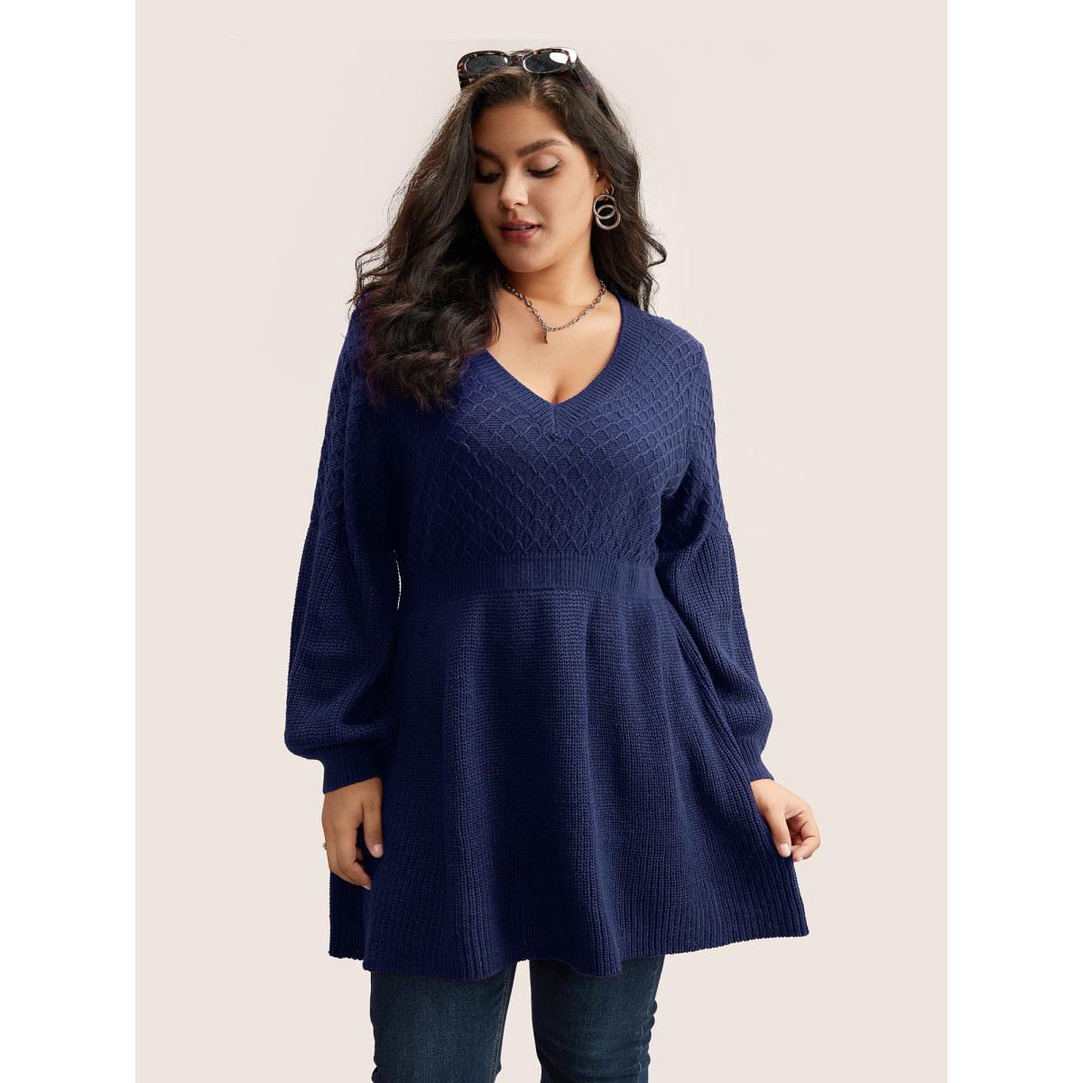 Plus Size Plain Plisse Lantern Sleeve A Line Pullover Indigo Women Elegant Long Sleeve V-neck Everyday Pullovers BloomChic 14-16/1X Product Image