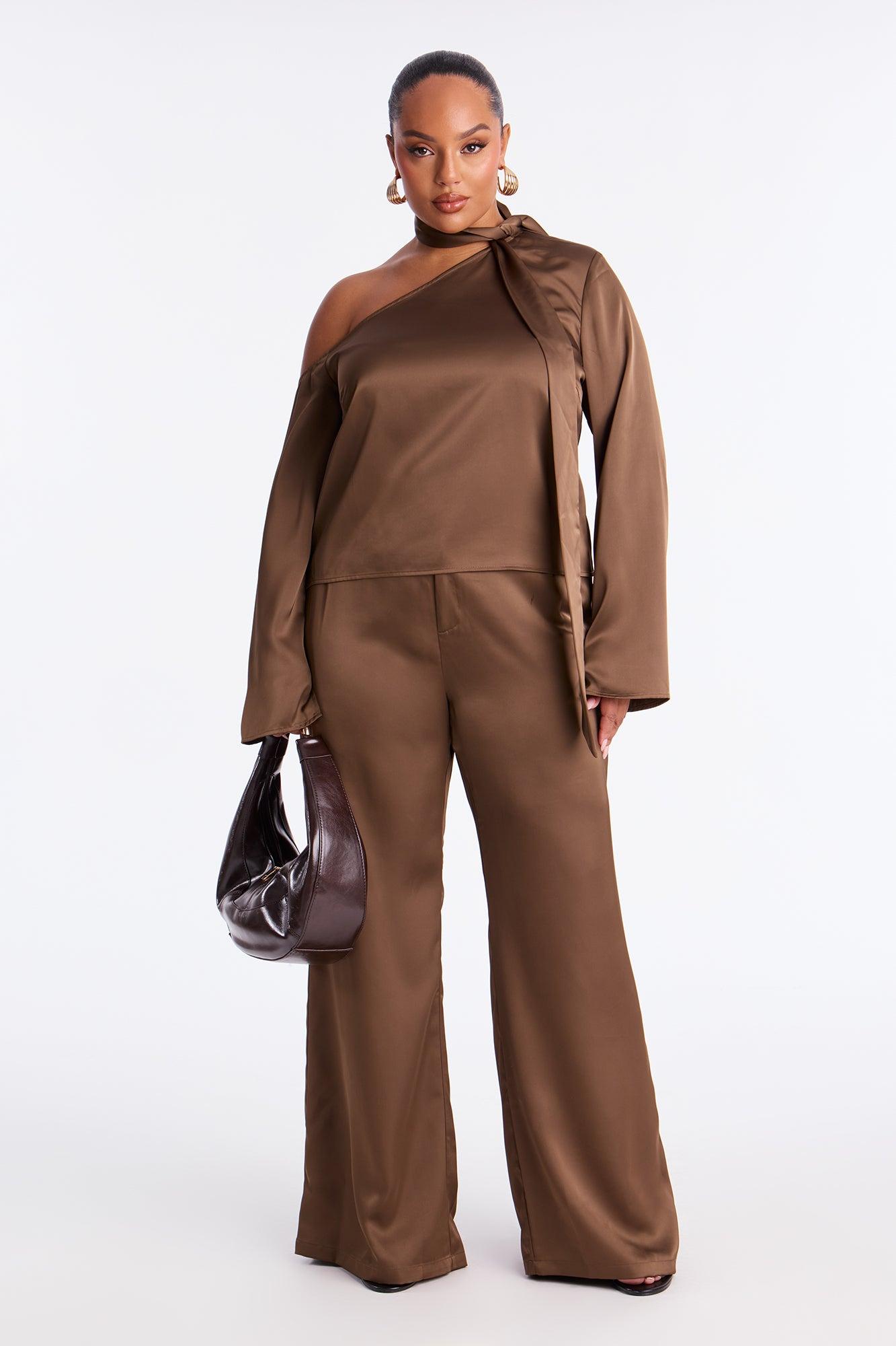 Tiana Off Shoulder Satin Scarf Pant Set - Mocha Female Product Image