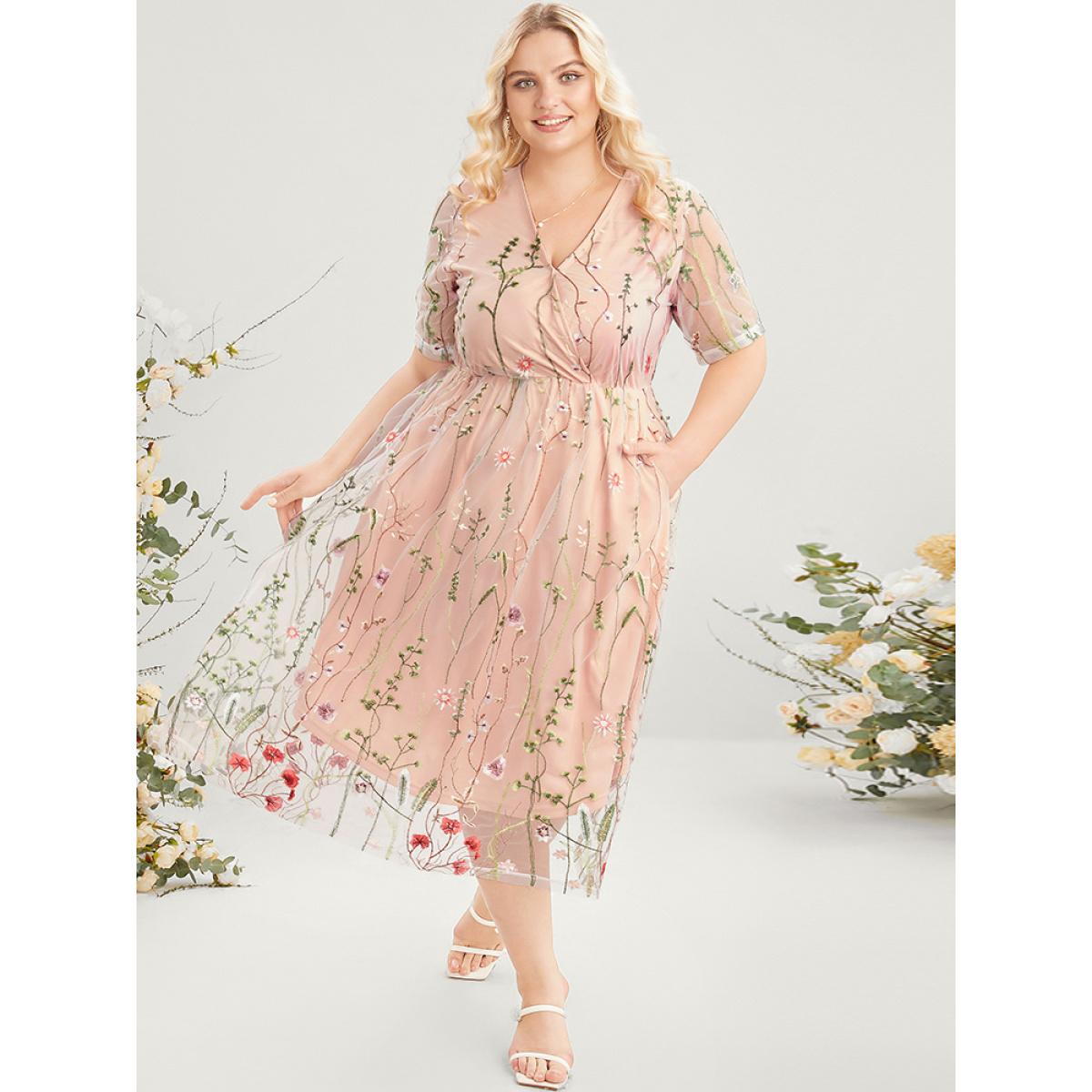 Plus Size Floral Embroidered Pocket Mesh Elastic Waist Surplice Neck Dress Rouge Women Glamour See through V-neck Short sleeve Curvy Midi Dress BloomChic 12/L Product Image