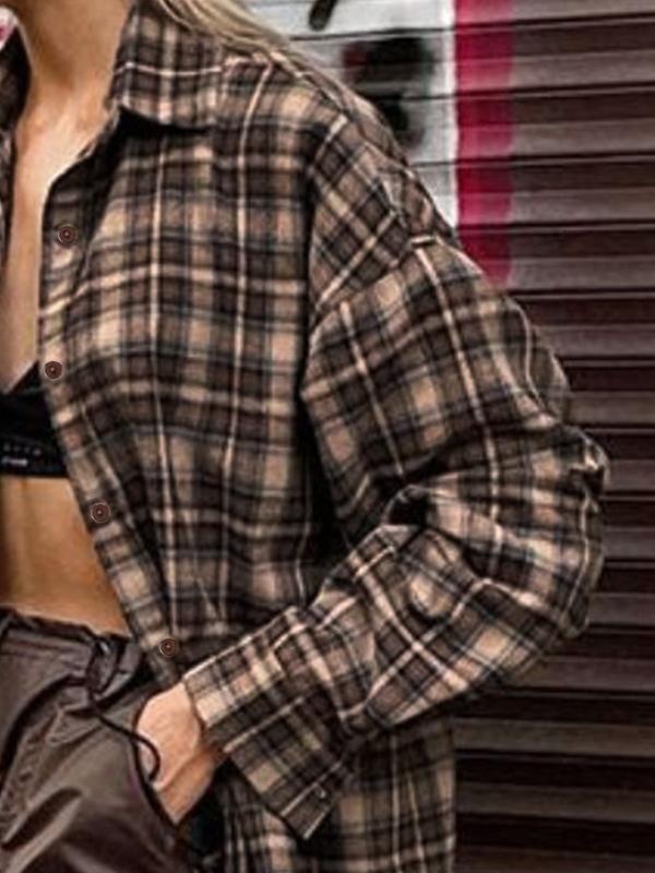 Vintage Plaid Print Long Sleeve Blouse Product Image