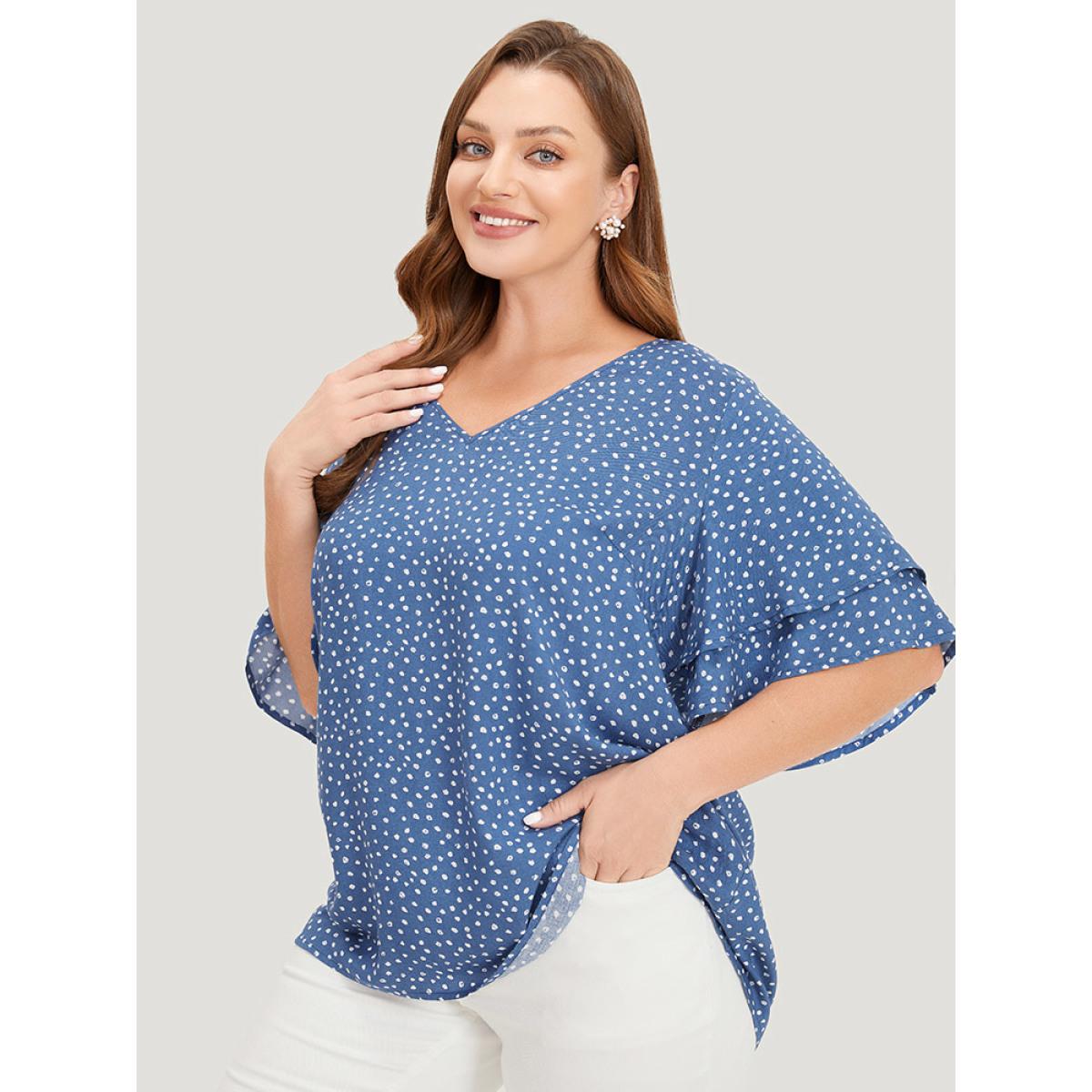 Plus Size Cerulean Polka Dot Flutter Sleeve Layered Blouse Women Elegant Half Sleeve V-neck Dailywear Blouses BloomChic 26/4X Product Image