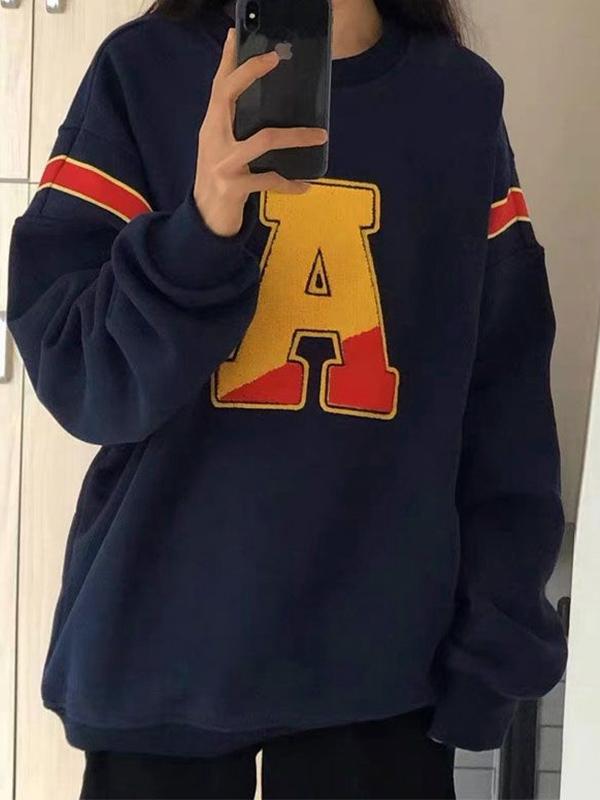 Contrast Color Patchwork Plush Embroidery Sweatshirt Product Image