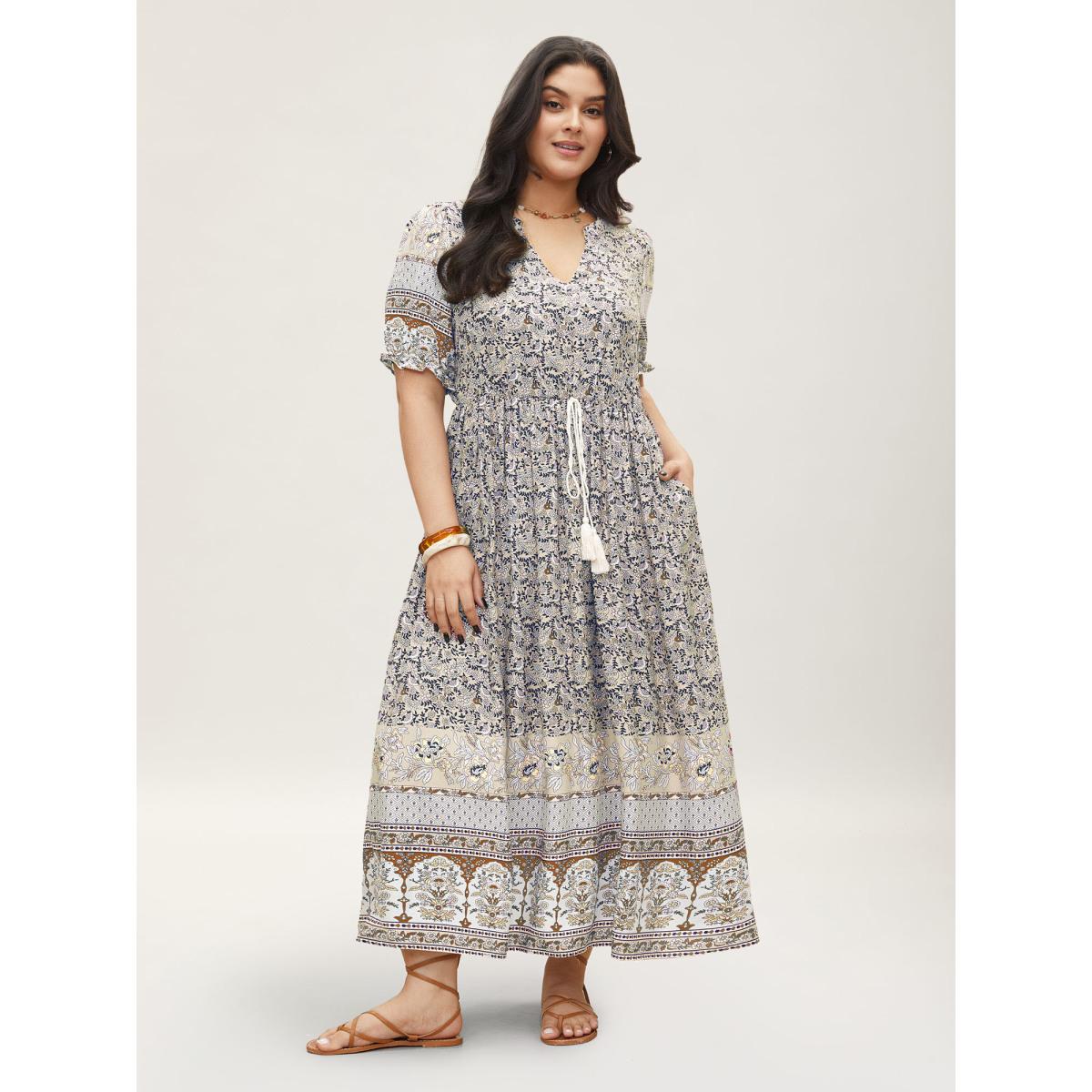 Plus Size Boho Print Notched Ties Tassel Trim Dress Beige Women Boho Non Flat collar with V-notch Short sleeve Curvy BloomChic 28/5X Product Image