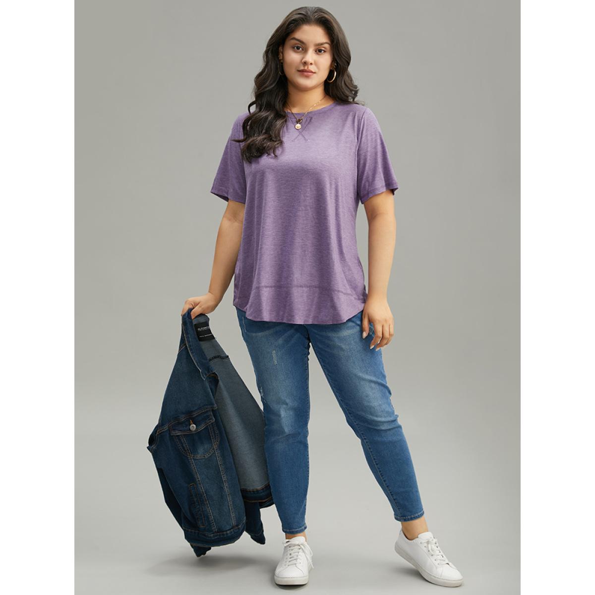Plus Size Contrast Stitch Round Neck Curved Hem T-shirt Purple Women Casual Plain Plain Round Neck Dailywear T-shirts BloomChic 28/5X Product Image