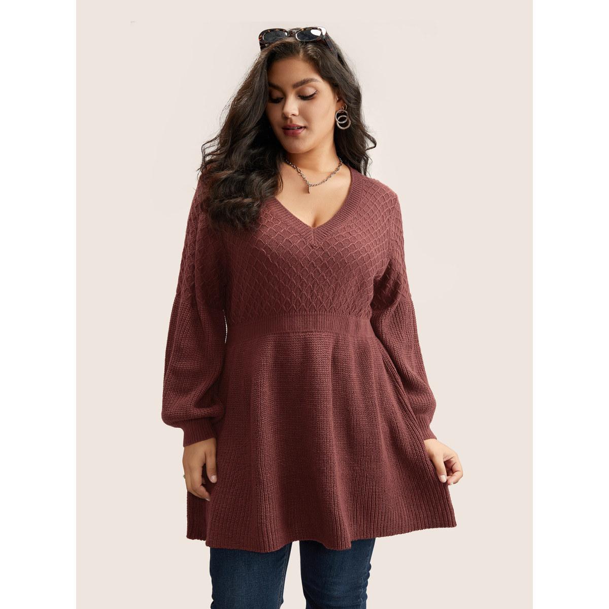 Plus Size Plain Plisse Lantern Sleeve A Line Pullover Rust Women Elegant Long Sleeve V-neck Everyday Pullovers BloomChic 18-20/2X Product Image