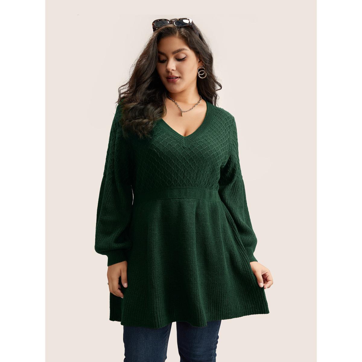 Plus Size Plain Plisse Lantern Sleeve A Line Pullover DarkGreen Women Elegant Long Sleeve V-neck Everyday Pullovers BloomChic 28/5X Product Image