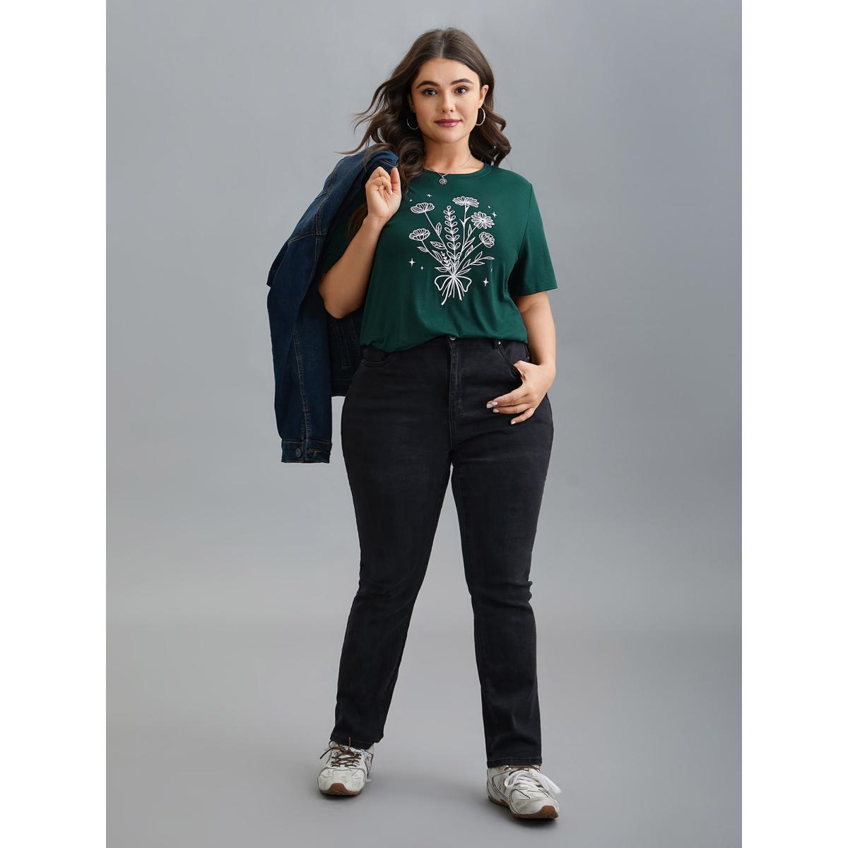 Plus Size Floral Motif Round Neck Fitted T-Shirt DarkGreen Women Casual Non Natural Flowers Round Neck Everyday T-shirts BloomChic 14-16/1X Product Image
