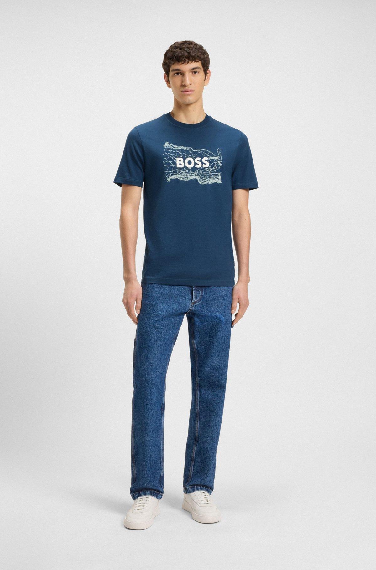 BOSS - Cotton-jersey T-shirt with logo artwork - Light Blue Product Image