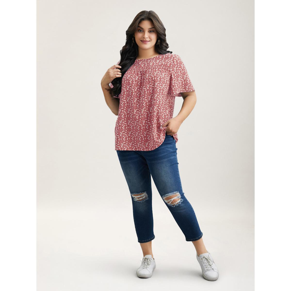 Plus Size Watermelon Floral Ruffle Sleeve Gathered Round Neck Blouse Women Leisure Short sleeve Round Neck Casual Blouses BloomChic 10/M Product Image