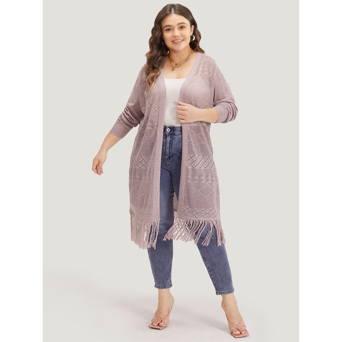 Plus Size Geometric Eyelet Fringe Trim Open Front Cardigan WhiteSmoke Women Casual Loose Long Sleeve Dailywear Cardigans BloomChic 28/5X Product Image