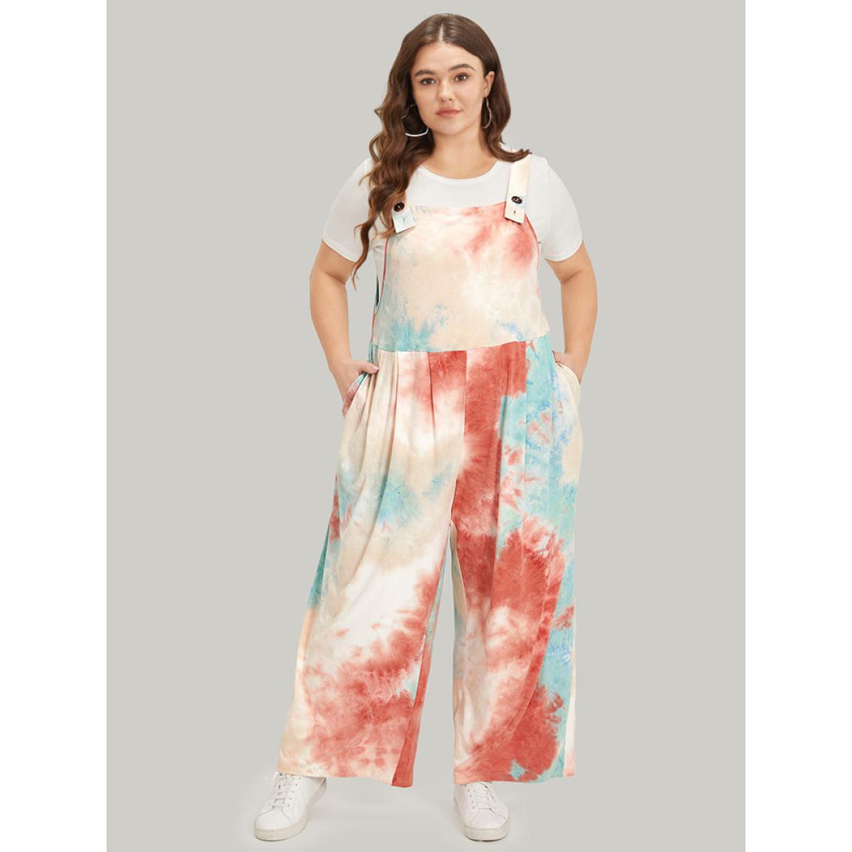 Plus Size Multicolor Tie Dye Pocket Button Adjustable Straps Jumpsuit Women Casual Sleeveless Spaghetti Strap Dailywear Loose Jumpsuits BloomChic 26/4X Product Image