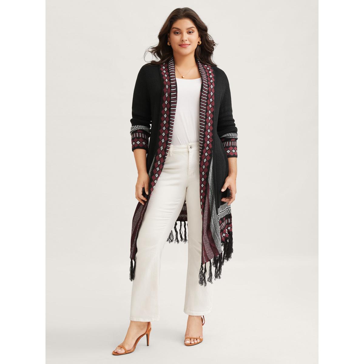 Plus Size Bandana Print Fringe Trim Maxi Cardigan Black Women Boho Long Sleeve Vacation Cardigans BloomChic 26/4X Product Image