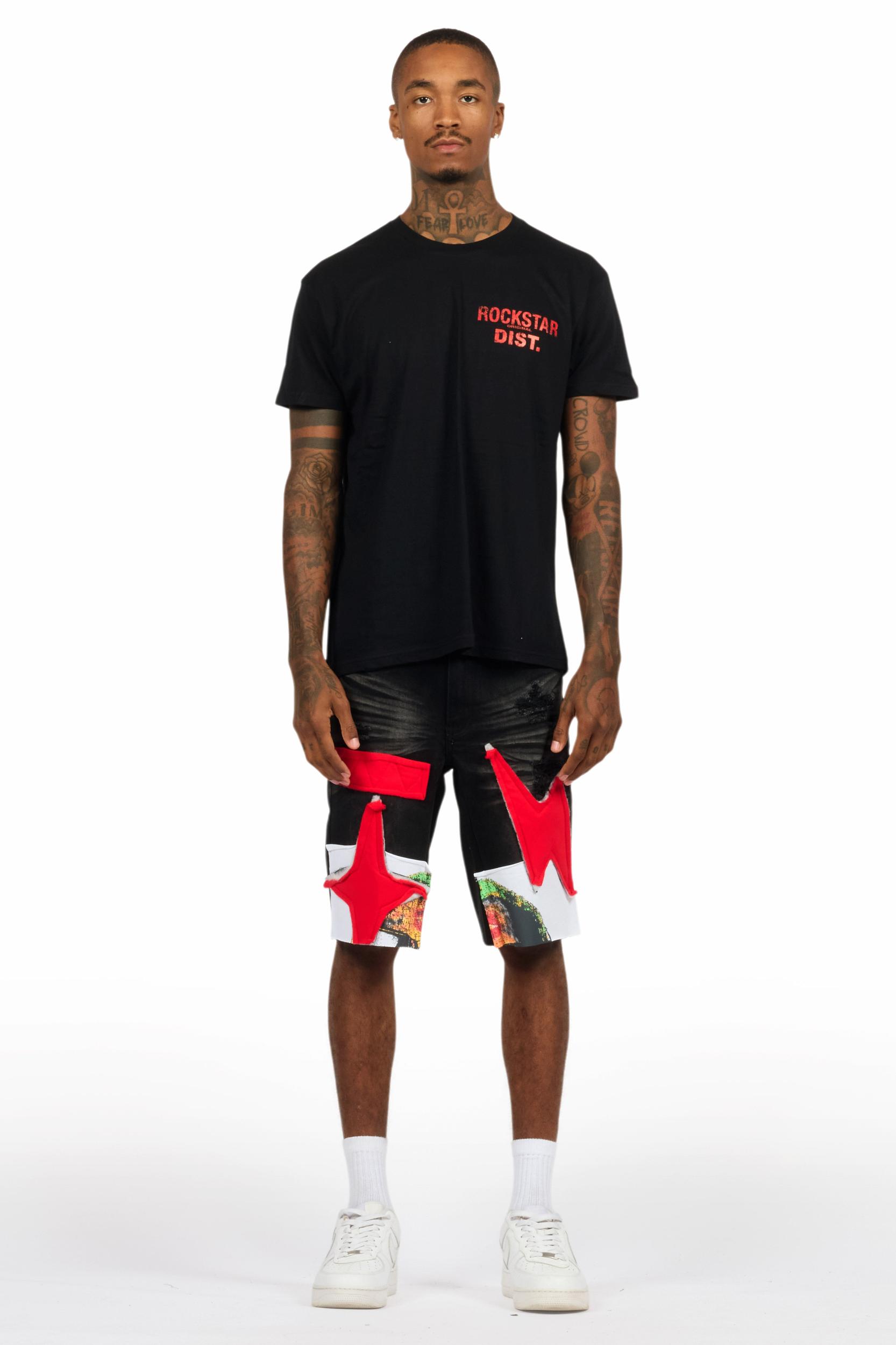 Akos Black/Red T-Shirt/Denim Short Set Male Product Image