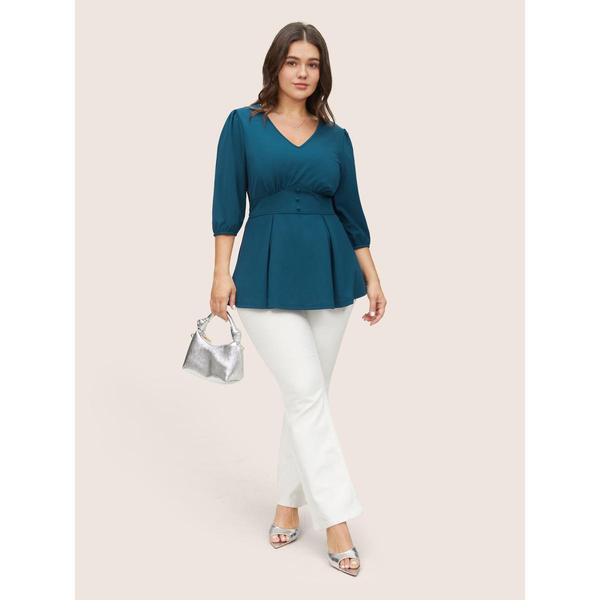 Plus Size Aegean Plain Plicated Detail Button Detail Blouse Women At the Office Elbow-length sleeve V-neck Work Blouses BloomChic 12/L Product Image