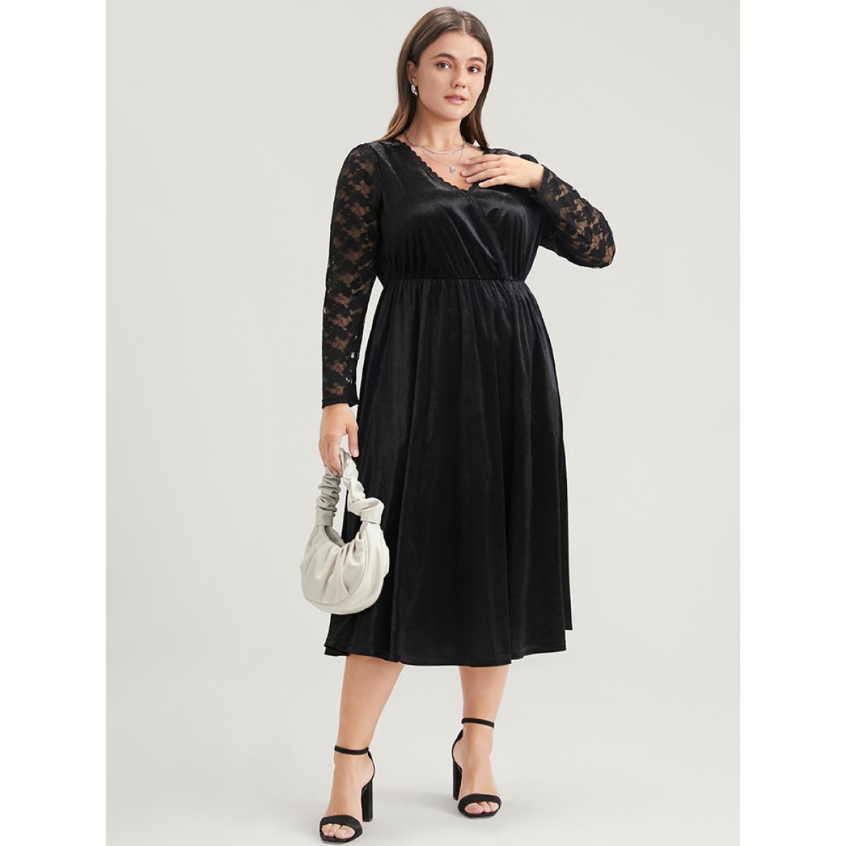 Plus Size Solid Wrap Contrast Lace Velvet Midi Dress Black Women Party Patchwork V-neck Long Sleeve Curvy Midi Dress BloomChic 22-24/3X Product Image