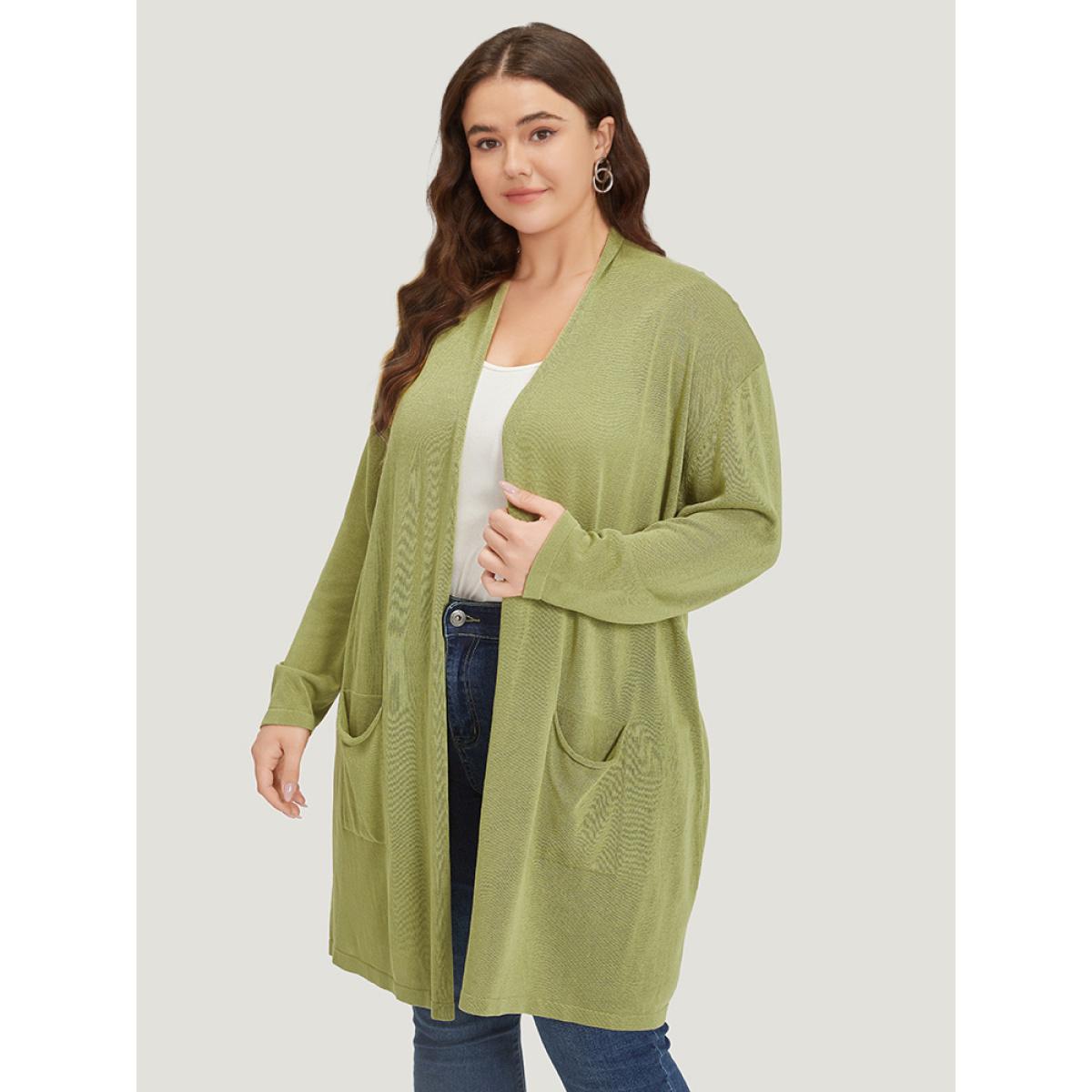 Plus Size Solid Patched Pocket Open Front Tunic Cardigan Moss Women Casual Loose Long Sleeve Dailywear Cardigans BloomChic 10/M Product Image