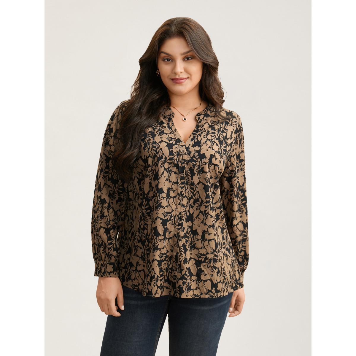 Plus Size BlackFlower Silhouette Floral Print Notched Frill Trim Blouse Women Elegant Long Sleeve Notched collar Everyday Blouses BloomChic 14-16/1X Product Image