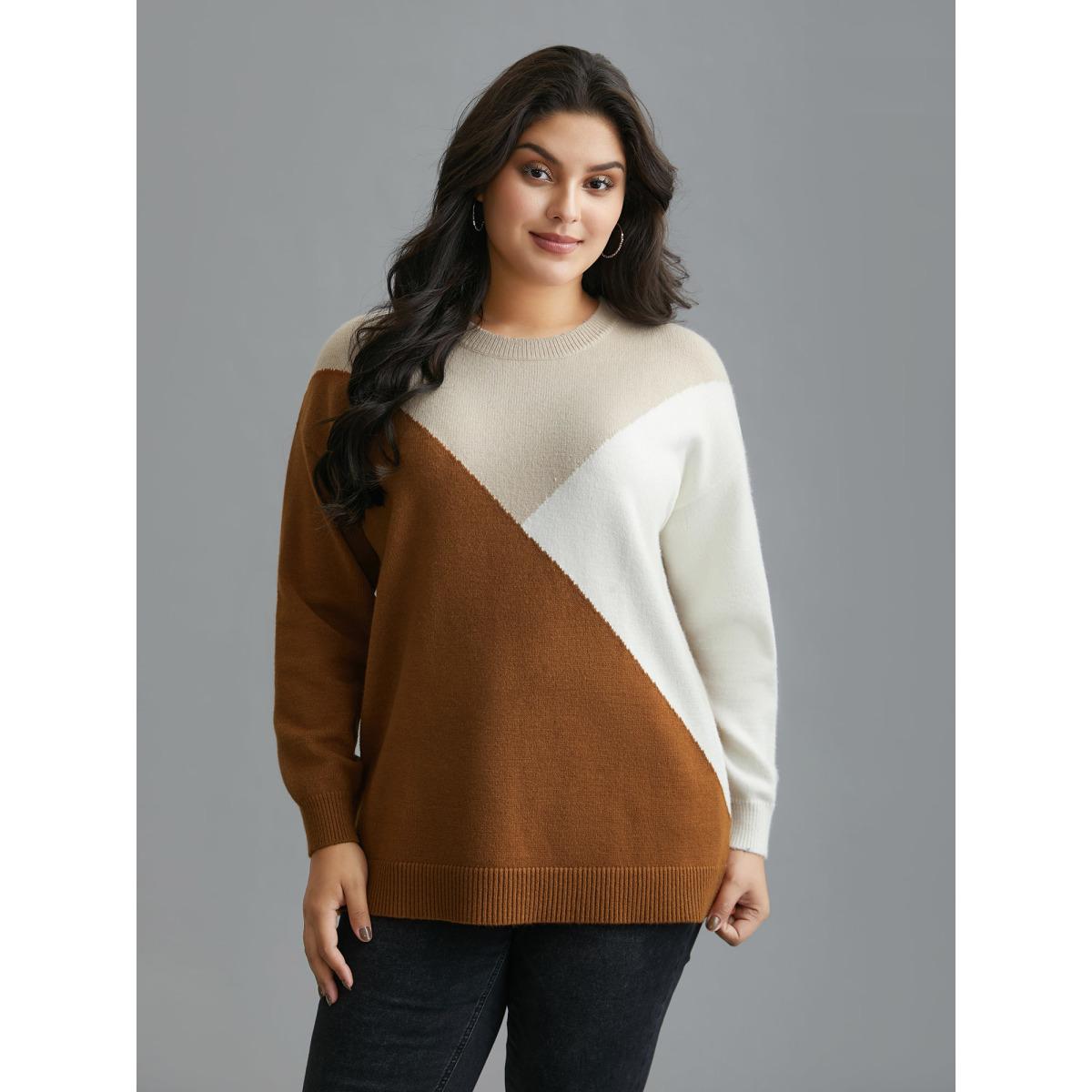 Plus Size Supersoft Essentials Color Block Crew Neck Pullover Yellowishbrown Women Casual Loose Long Sleeve Round Neck Everyday Pullovers BloomChic 22-24/3X Product Image