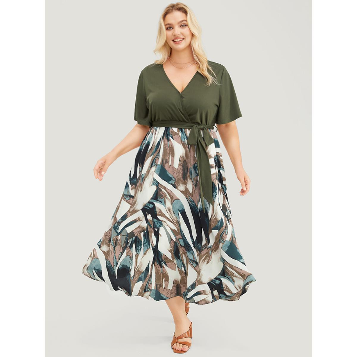 Plus Size Graphic Print Pocket Ruffle Surplice Neck Belt Dress Moss Women Office Lined V-neck Short sleeve Curvy Midi Dress BloomChic 10/M Product Image