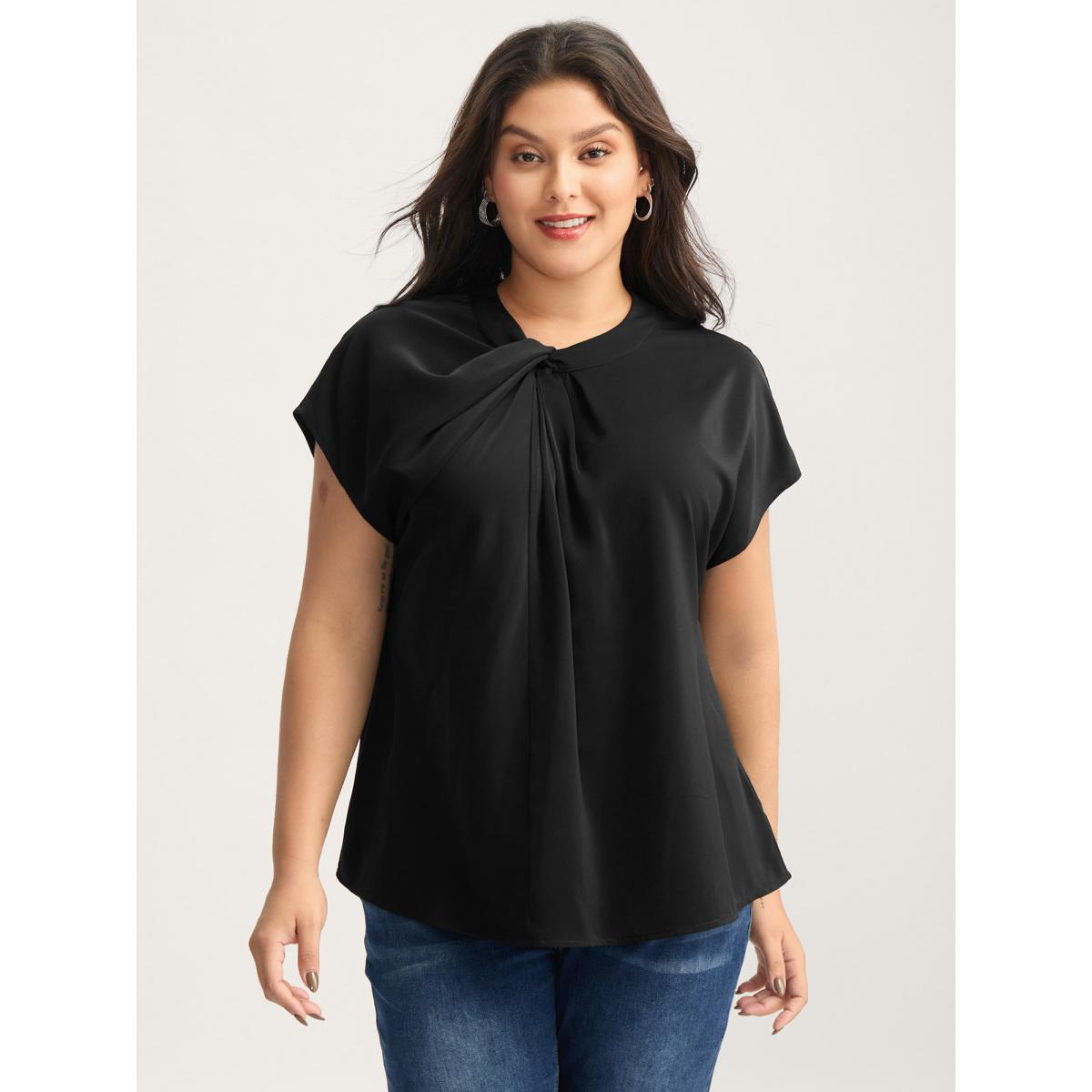 Plus Size Black Solid Twist Neck Slit Blouse Women Cap Sleeve Asymmetrical Neck Work Blouses BloomChic 26/4X Product Image