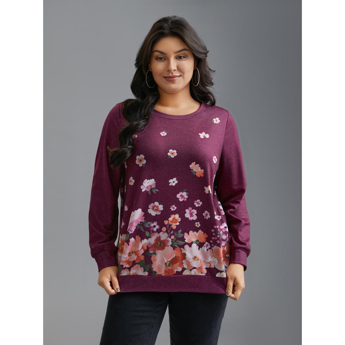 Plus Size Round Neck Floral Stretchy Sleeve Sweatshirt Women Deeppurplered Casual Non Round Neck Everyday Sweatshirts BloomChic 26/4X Product Image