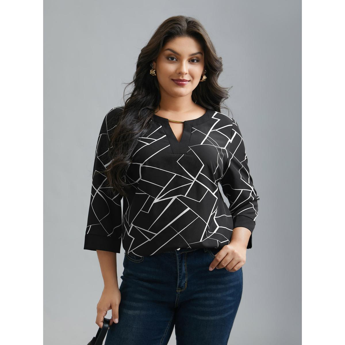 Plus Size Black Geometric Print Metal Detail Spliced Blouse Women At the Office Elbow-length sleeve Round Neck Office Blouses BloomChic 18-20/2X Product Image