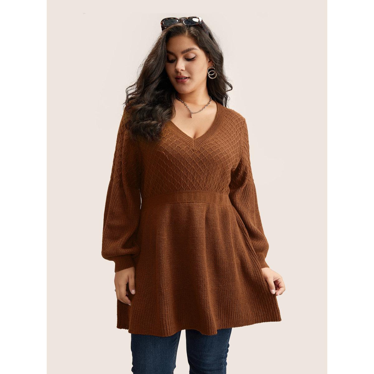 Plus Size Plain Plisse Lantern Sleeve A Line Pullover Chocolate Women Elegant Long Sleeve V-neck Everyday Pullovers BloomChic 30/6X Product Image
