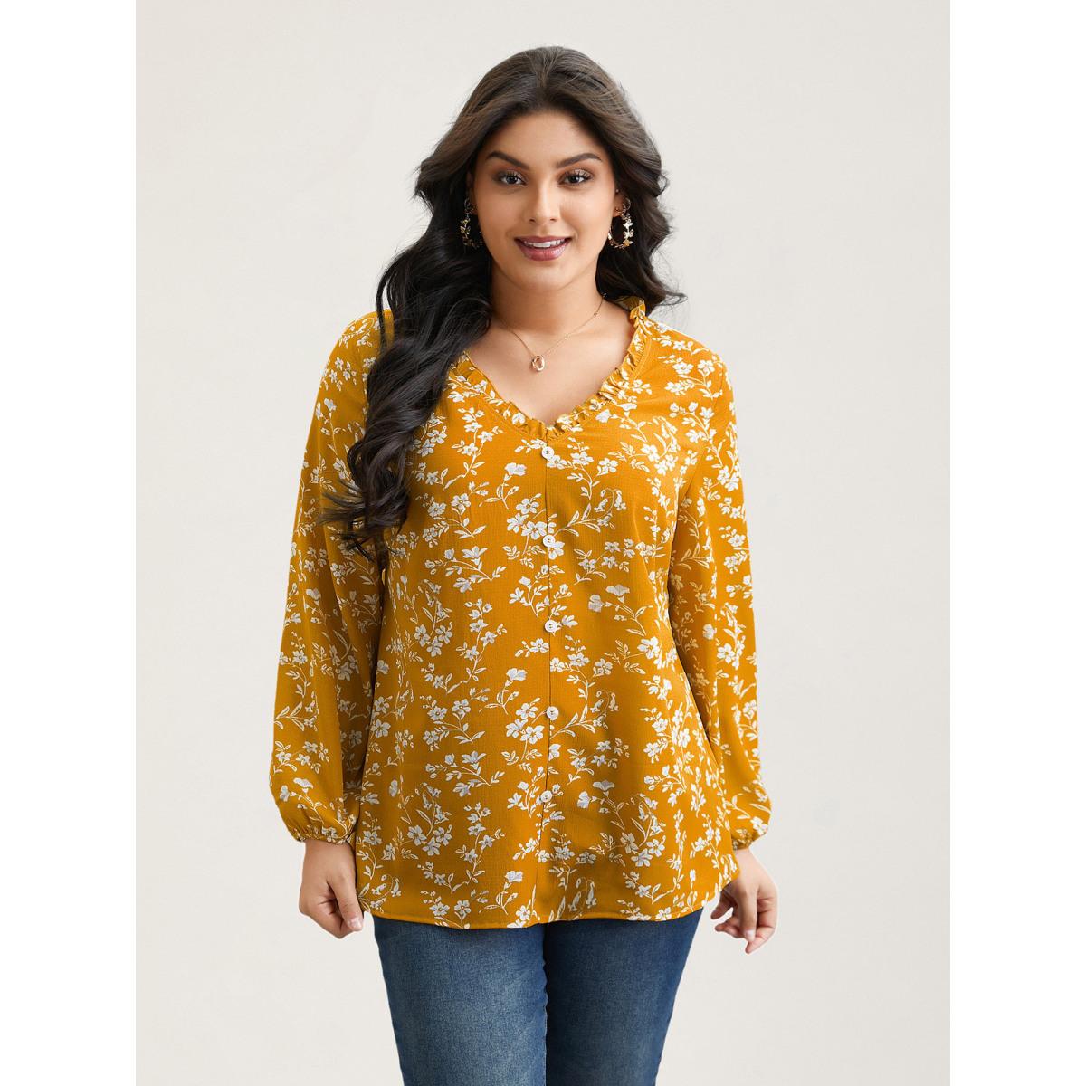Plus Size Turmeric Floral Print V-Neck Ruffled Shirt Women Elegant Extra Long Sleeve V-neck Everyday Blouses BloomChic 22-24/3X Product Image