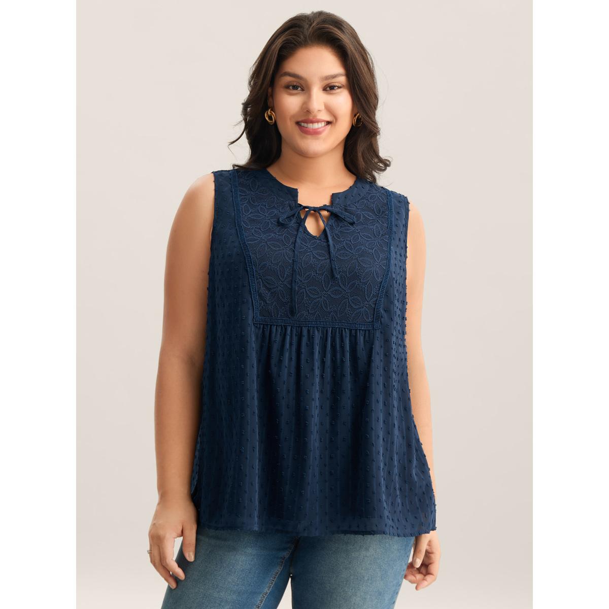 Plus Size Textured Lace Detail Neck Tie Sleeveless Top Women DarkBlue Timeless Woven ribbon&lace trim Flat collar with V-notch Elegant Tank Tops Camis BloomChic 12/L Product Image