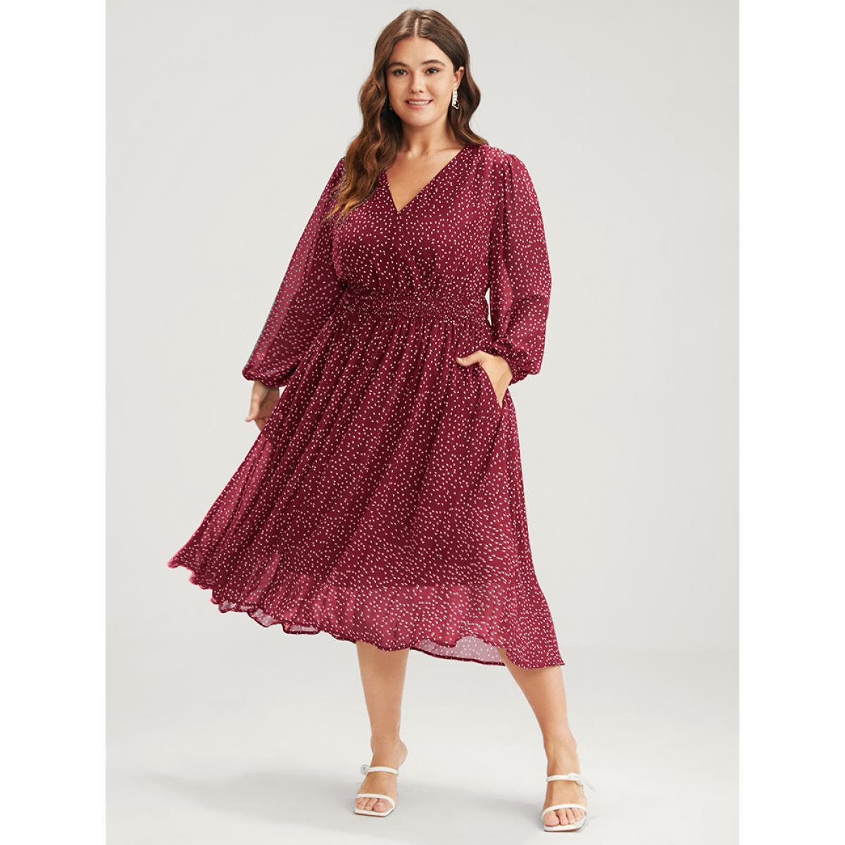 Plus Size Polka Dot Lantern Sleeve Pocket Shirred Flutter Dress Burgundy Women Elegant Pocket V-neck Short sleeve Curvy Midi Dress BloomChic 30/6X Product Image