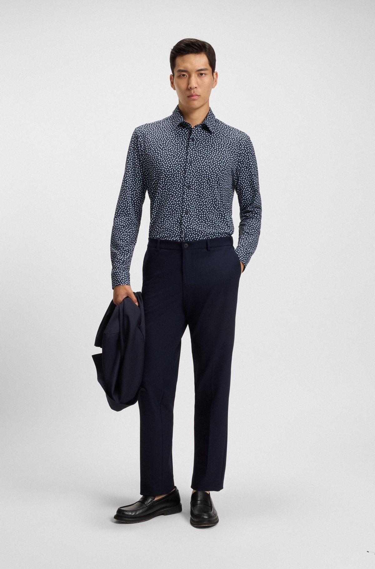 BOSS - Slim-fit shirt in printed performance-stretch Italian fabric - Dark Blue Product Image